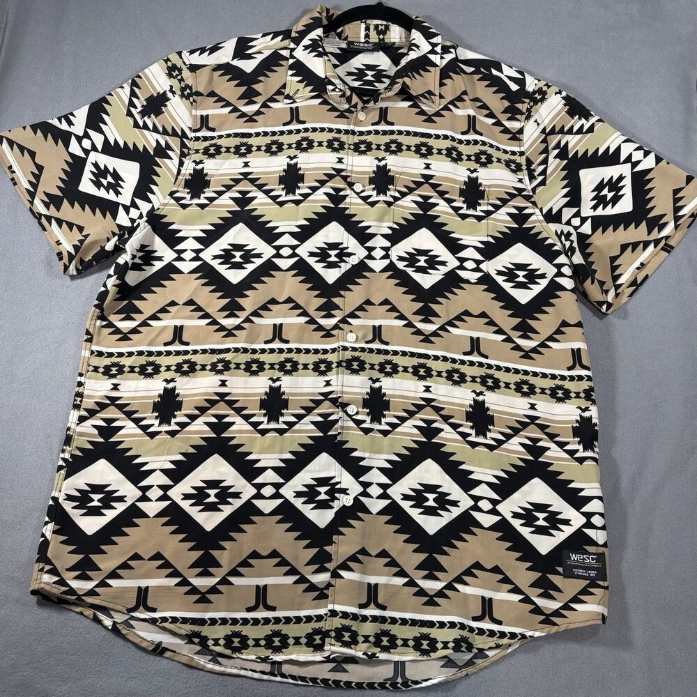 WESC Oden Blanket Shirt Brown Black Native Pattern Short Sleeve Button Up
